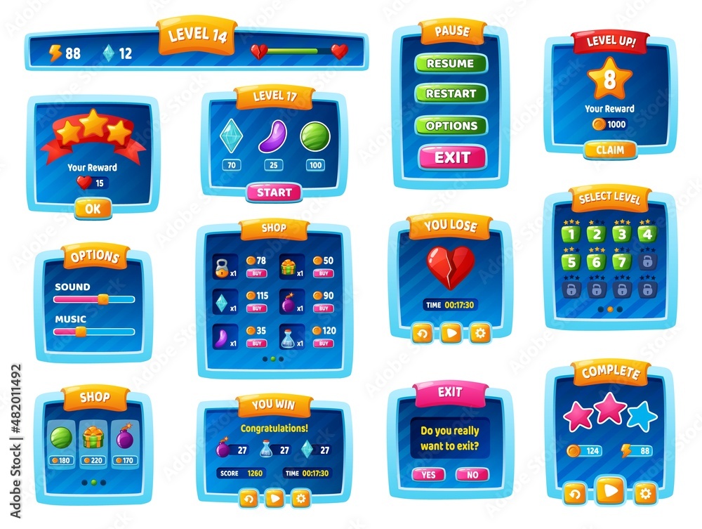 Poster casual game menu and popup windows, cartoon gaming app ui elements. level selection, pause, shop win