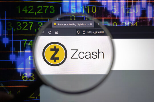 Zcash crypto company logo on a website, seen on a computer screen through a magnifying glass.	