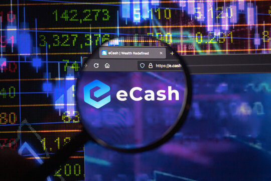 Ecash crypto company logo on a website, seen on a computer screen through a magnifying glass.	