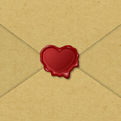 Vector 3d Realistic Heart Shaped Red Stamp, Wax Seal, Brown Paper Envelope Closeup. Sealing Wax, Stamp, Label for Quality Certificate, Document, Letter, Envelope Isolated. Valentine Day, Love Concept