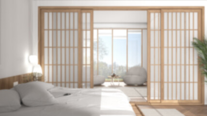 Blur background, minimalist bedroom in japanese style, parquet floor, double bed, sliding door, armchair and big panoramic window, carpet and decors, modern interior design