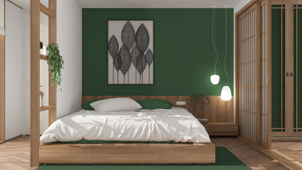 Minimalist bedroom in japanese style in white and green tones, parquet floor, double wooden bed with pillows, sliding door, pendant lamps, carpet and decors, modern interior design