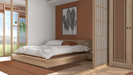 Minimalist bedroom in japanese style in white and orange tones, parquet floor, double wooden bed with pillows, sliding door, soft duvet, carpet and decors, modern interior design