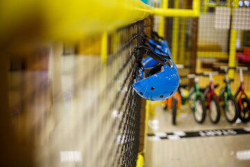 Many cycling helmets for rent at the playpark.