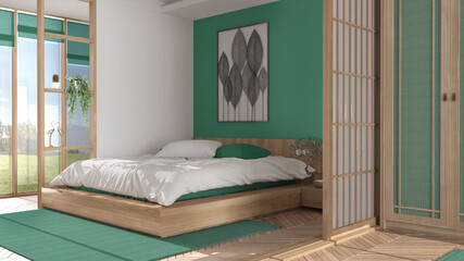 Minimalist bedroom in japanese style in white and turquoise tones, parquet floor, double wooden bed with pillows, sliding door, soft duvet, carpet and decors, modern interior design