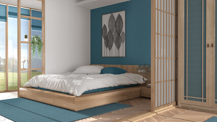 Minimalist bedroom in japanese style in white and blue tones, parquet floor, double wooden bed with pillows, sliding door, soft duvet, carpet and decors, modern interior design