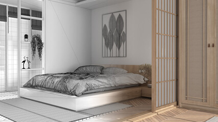 Architect interior designer concept: hand-drawn draft unfinished project that becomes real, bedroom in japanese style, parquet, bed, sliding door, armchair, modern interior design
