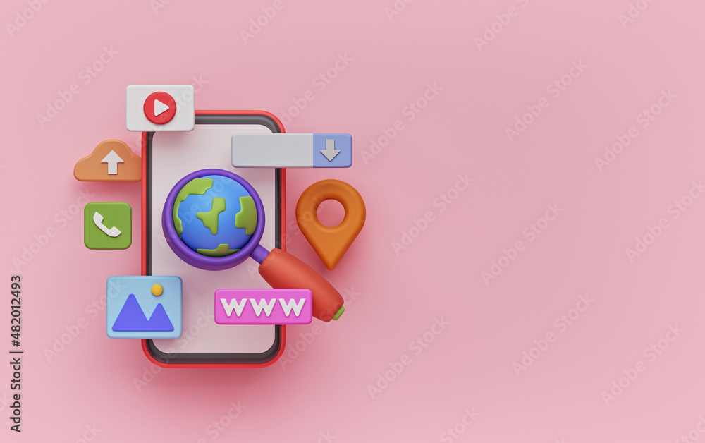 Poster online search web internet icons. minimal technology background with copy space. 3d rendering