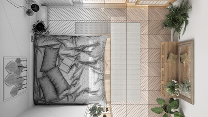 Architect interior designer concept: hand-drawn draft unfinished project that becomes real, bedroom in japanese style, parquet, bed, modern interior design, top view, plan, above
