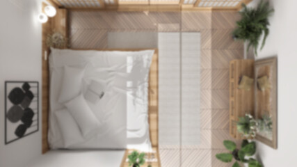 Fototapeta na wymiar Blur background, minimalist bedroom in japanese style, parquet, double wooden bed with pillows, sliding door, carpet and decors, modern interior design, top view, plan, above