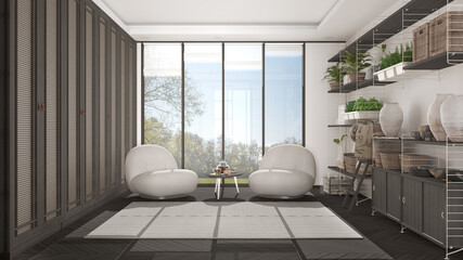 Minimalist living room in japanese style in white and dark tones, armchair, carpet and parquet. Tea time, glass teapot and teacup, snacks. Big panoramic window, modern interior design