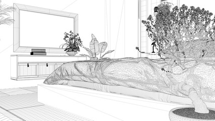 Blueprint project draft, minimalist bedroom in japanese style, parquet floor, double wooden bed, pillow, flowered bonsai close up, mirror and potted plants, modern interior design