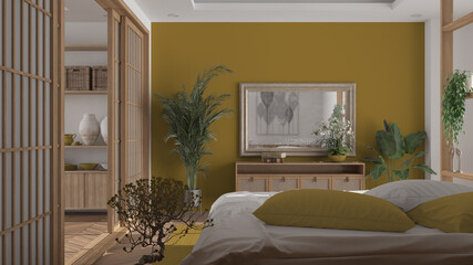 Minimalist bedroom in japanese style in white and yellow tones, parquet floor, double wooden bed, pillows and duvet, flowered bonsai, close up, sliding door, modern interior design