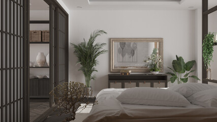 Minimalist bedroom in japanese style in white and gray tones, parquet floor, double wooden bed, pillows and duvet, flowered bonsai, close up, sliding door, modern interior design