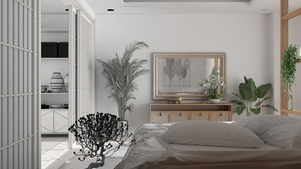 Architect interior designer concept: hand-drawn draft unfinished project that becomes real, bedroom in japanese style, parquet, bed, sliding door, bonsai, modern interior design
