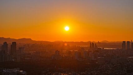 Cityscape night view of Seoul, South Korea at sunset time