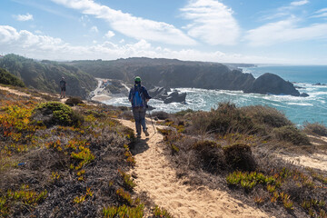 Hiker on the Vicentina Route. Azenha do Mar. Odemira