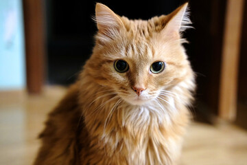 red-colored muzzle of a big cat that poses and calmly looks directly into the camera, located in...