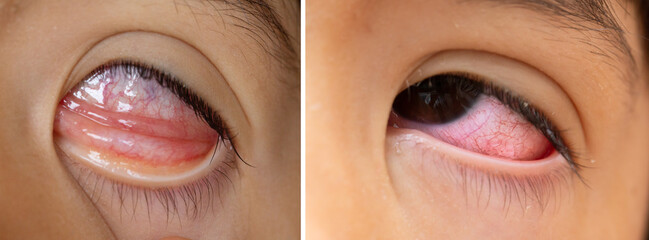 Comparison of two images with a red eye of a girl due to conjunctivitis or allergy