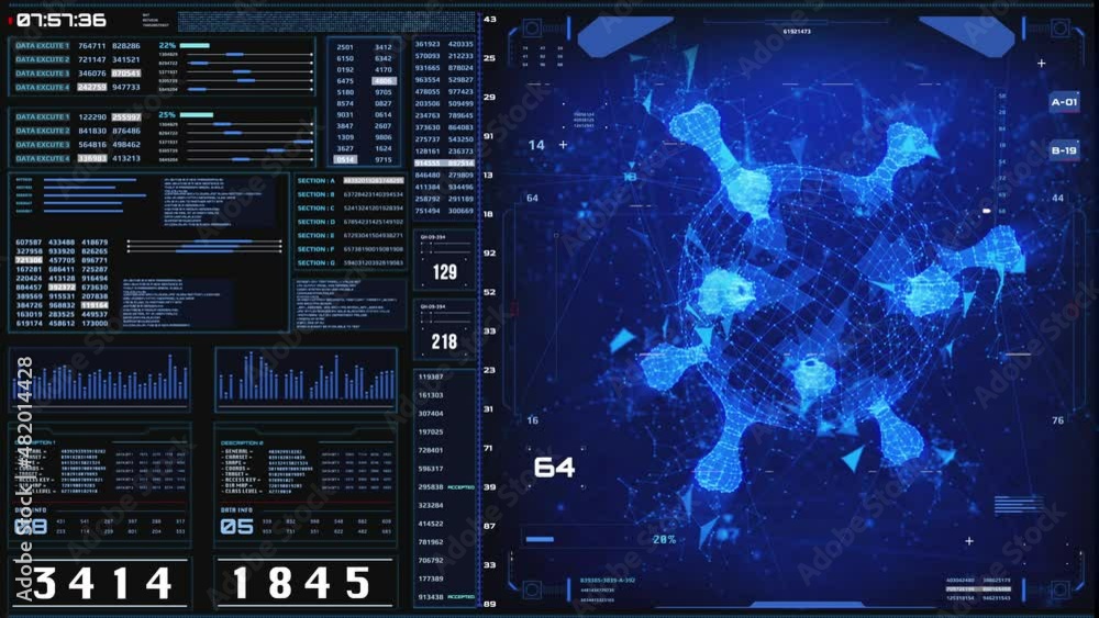 Poster HUD Futuristic DNA Molecule Structure System Analysis Interface Digital Technology System Display. 3D Science Bacteria Wireframe Monitoring Screen Report Hologram Graphic 4K Motion.
