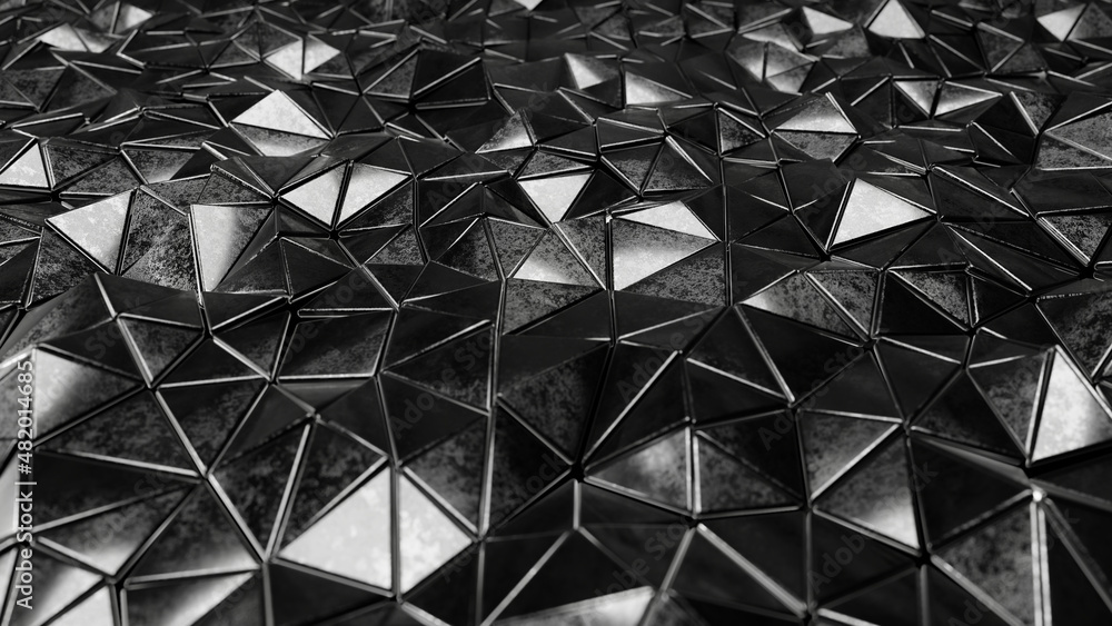 Poster realistic 3d illustration of the solid carbon black metallic triangles pattern rendered as backgroun