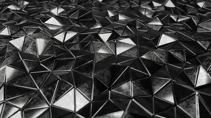 Realistic 3D illustration of the solid carbon black metallic triangles pattern rendered as background