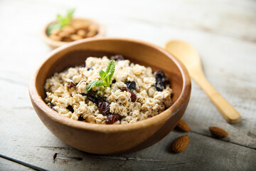 Homemade muesli with almond and raisins