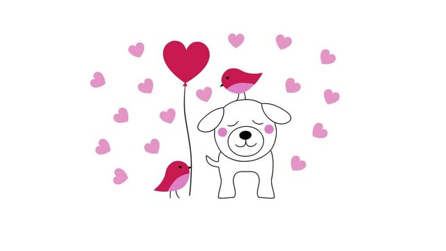 valentines day animation with cute dog and birds