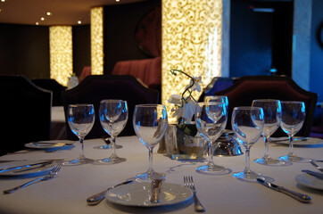 Elegant and formal dining room or restaurant onboard luxury MSC Cruises cruiseship or cruise ship...