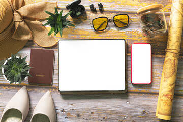 travel,Plan a trip with a tablet,Travel planning ,Creative background with travel attributes 