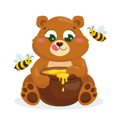 Cartoon brown bear with a pot of honey and two bees on a white background.