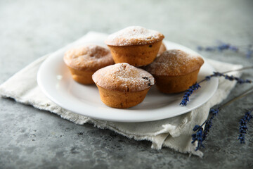 Homemade lavender muffins with icing sugar