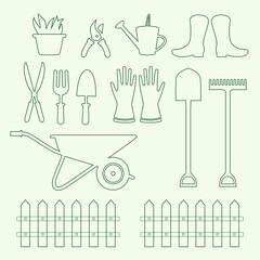 Silhouette of gardening tool set vector. simple flat gardening tool graphic design