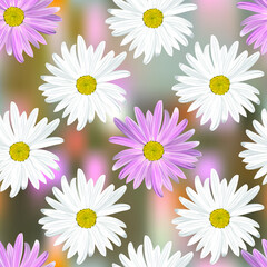 The chamomile flower. Seamless floral texture alternating white and purple daisies on abstract color background, geometric pattern, vector