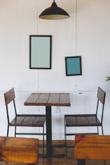 wooden table set in the restaurant
