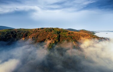 High mountain peaks with trees covered with thick fog