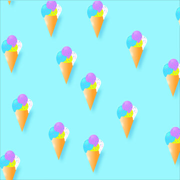 Pattern ice cream in a waffle cone with three balls and sprinkles on a blue background