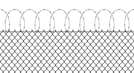 Chain link fence with spiral barbed wire silhouette. Wire mesh, steel metal prison or restricted area barrier. Flat vector illustration isolated on white background.