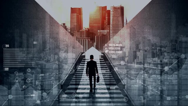 Ambitious business man climbing stairs to meet incoming challenge and business opportunity. The high stair represents the conceptual of career path success, future planning and business competitions.