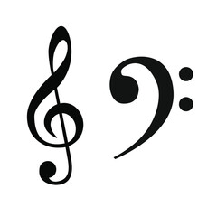 Treble clef and musical note in black on a white background