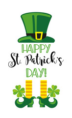 Happy St. Patricks Day. Trendy design with typography, green hat, leprechaun legs and clover. Hand-drawn template. - 482020638