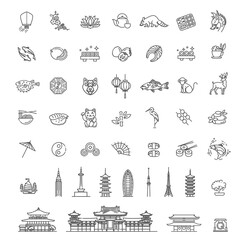 Japan linear icons set. Japanese travel symbols, historical landmarks