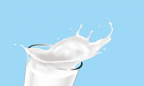 Milk splash in a glass on blue background.