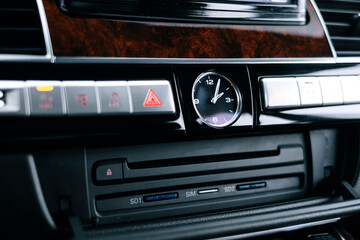 Modern car interior, aluminum, details controls, car multimedia.