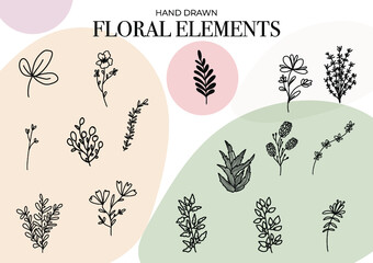 Hand drawn floral elements. Ideal for greeting cards, decor,  logo design, print, textile, wallpaper or any other creative designs