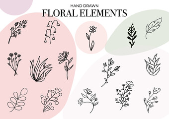 Hand drawn floral elements. Ideal for greeting cards, decor,  logo design, print, textile, wallpaper or any other creative designs