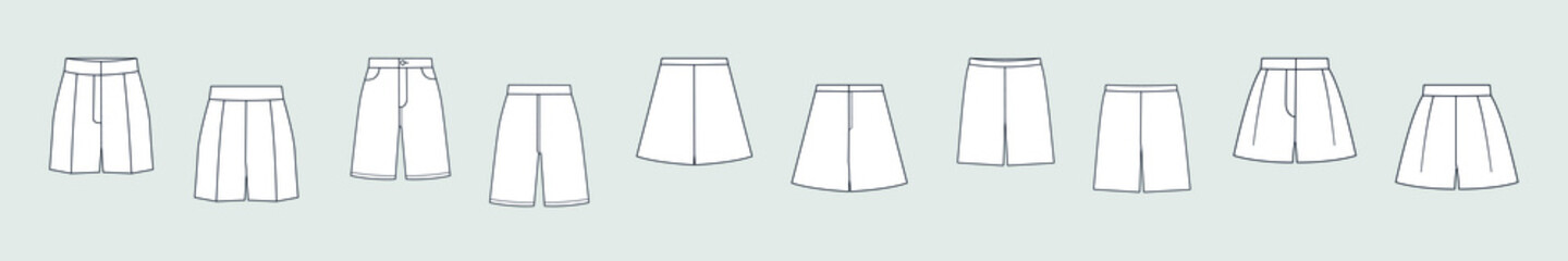 Set of shorts vector template isolated on a grey background. Female model. Front and back view. Outline fashion technical sketch of clothes model.