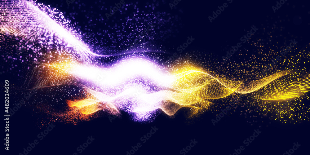 Poster abstract colorful digital particles wave with bokeh and light background, 3d render wave line dot ba