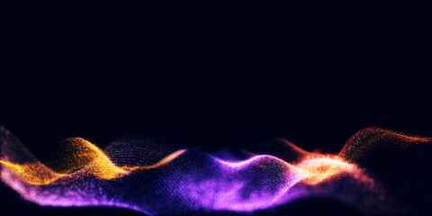 Abstract colorful digital particles wave with bokeh and light background, 3d render wave line dot background, line wave light glowing effect particular background.