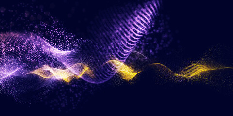 Abstract colorful digital particles wave with bokeh and light background, 3d render wave line dot background, line wave light glowing effect particular background.